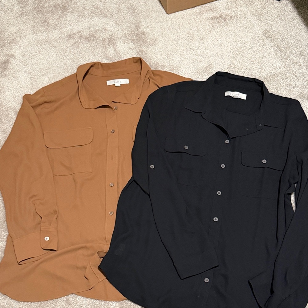 LOFT Button-Front Blouse Duo in Black and Camel